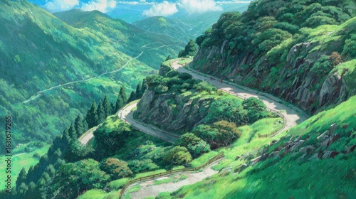 Anime background Winding mountain road switchbacks twist dramatically views stretch infinitely