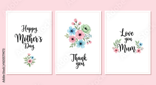 Vector illustration of collection of mothers day greeting cards with floral illustrations and heartfelt messages like happy mothers day, thank you, and love you mum