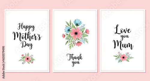 Vector illustration of set of three mothers day greeting cards featuring watercolor floral bouquets and messages happy mothers day, thank you, and love you mum