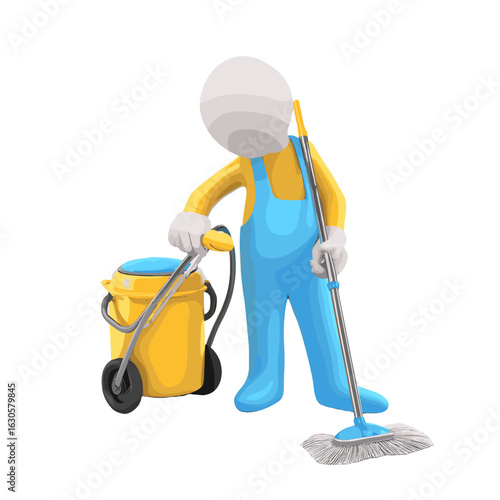 A cartoon illustration of a cleaner with equipment.