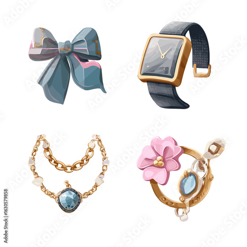 Elegant Accessories: Bow, Watch, Necklace, and Brooch.