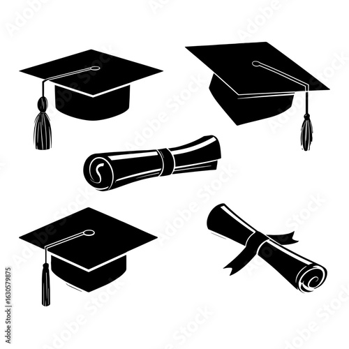Academic regalia, featuring graduation caps and rolled diplomas, symbolizes achievement and the culmination of education.