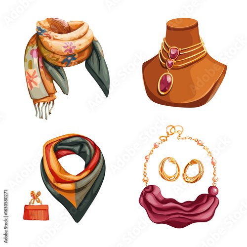 Elegant collection of accessories including scarf, necklace, earrings, and gift box.