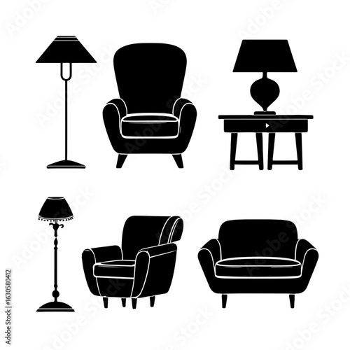 Stylish furniture silhouettes, showcasing various interior design elements.