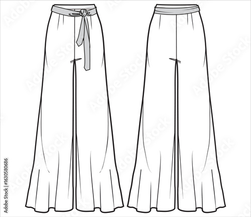 Women's Palazzo flare pants  trouser design flat sketch fashion illustration drawing front and back view, Wide leg boot cut pant design