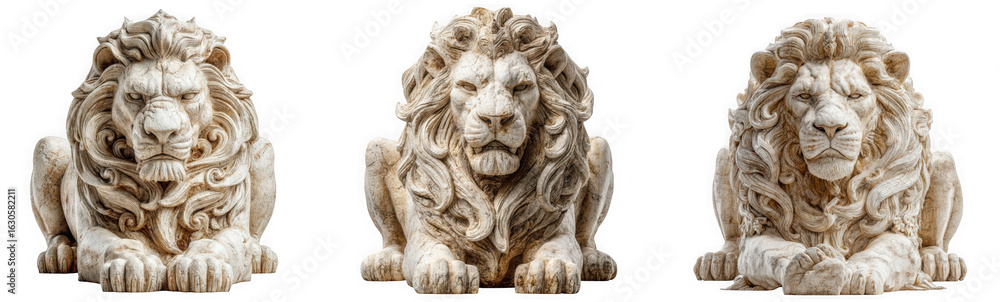 Obraz premium Three stone lion statues in a row isolated on transparent background offering a regal and timeless aesthetic