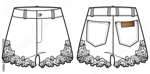 Women's embroidery Denim shorts front and back view flat sketch fashion illustration, Micro lace Denim shorts drawing vector template