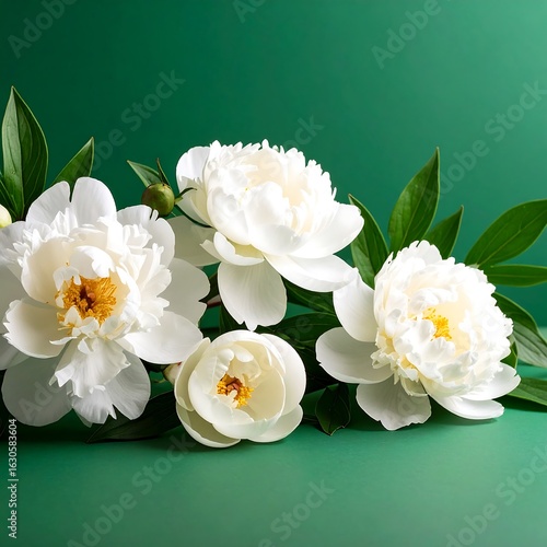 Elegant white peonies on a green backdrop