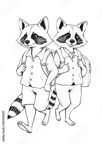Cute Pencil Sketch of Brothers Raccoons Walking to School