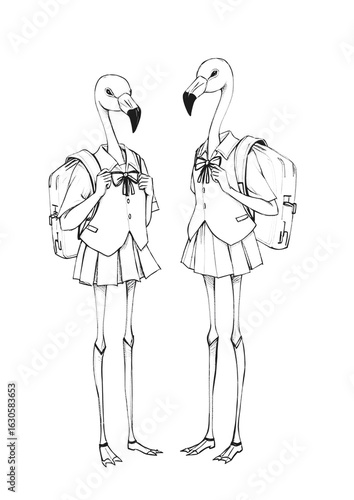 Cute Pencil Sketch of Sisters Flamingo Walking to School