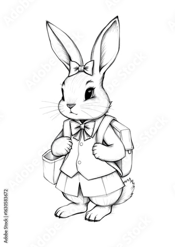 Cute Pencil Sketch of Small Baby Bunny Walking to School