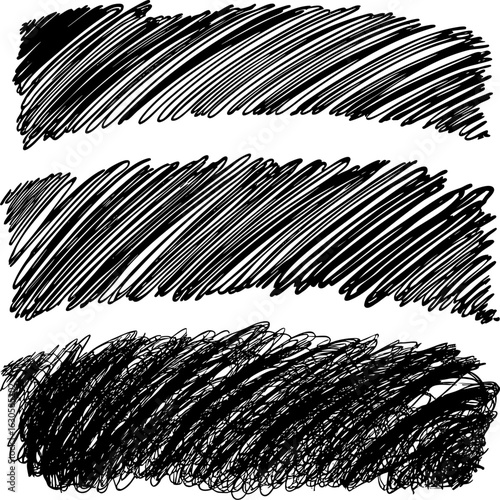 A set of wavy hand-drawn vector banners. Curved scribble and dense hatching textures create a chaotic and dynamic sense of motion. Isolated grunge elements for design.