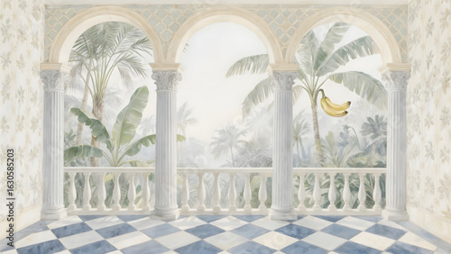 Traditional Wallpaper with Decorative Arches, Antique Columns, and Garden Landscape – Vector Design for Mural Wall Art Prints