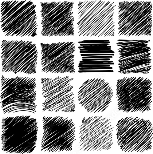 A diverse set of hand-drawn vector grunge textures. Includes sketchy squares with various hatching, scribbles, and solid fills. Toolkit for creative projects.