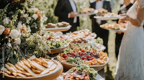 Elegant Outdoor Wedding Reception with Delicious Gourmet Food Displays