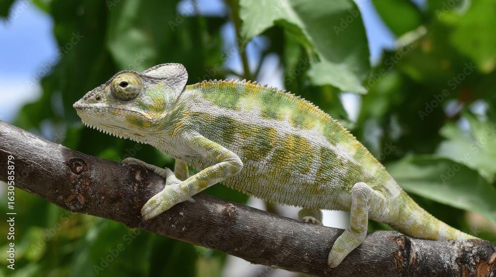 Fototapeta premium A chameleon rests on a sturdy branch, surrounded by vivid green leaves. Its skin features intricate patterns and colors, showcasing its natural camouflage in the daylight.