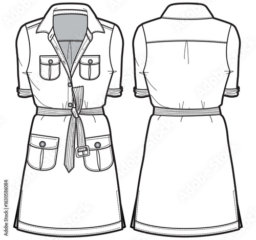 Women woven shirt dress design with pocket flat sketch fashion illustration with front and back view. belted long sleeve  Utility cargo shirt dress drawing vector template