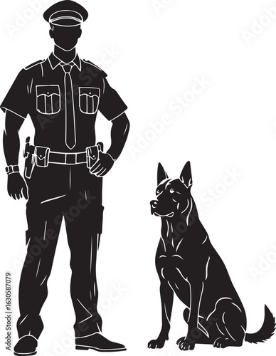 Silhouette of Security Officer Standing with Guard Dog