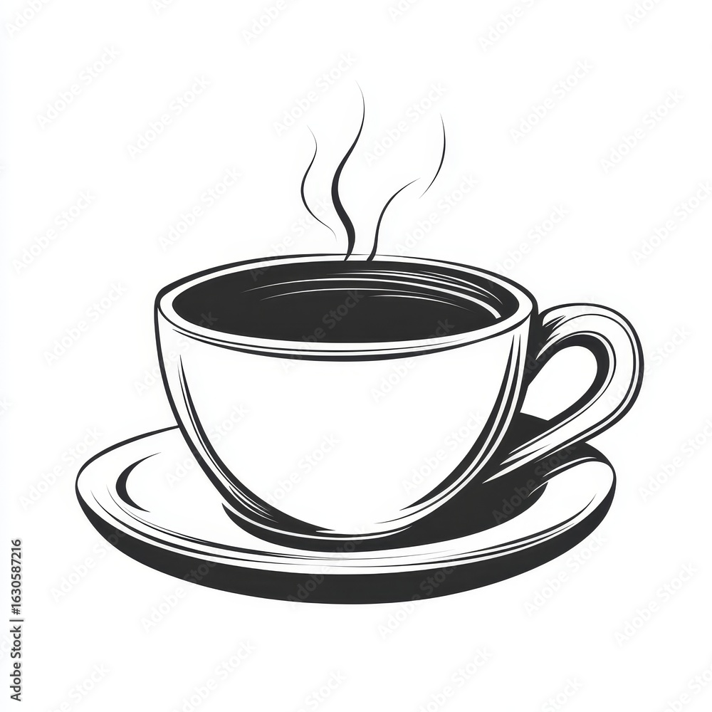 Obraz premium Hand drawn sketch of a steaming hot cup of coffee on a saucer in black and white
