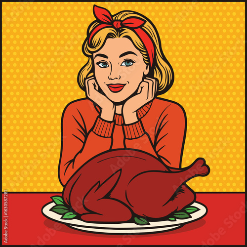 Thanksgiving Dinner Pop Art – Retro Woman with Roast Turkey for Thanksgiving cards, seasonal posters, social media posts, and holiday-themed kitchen decor.