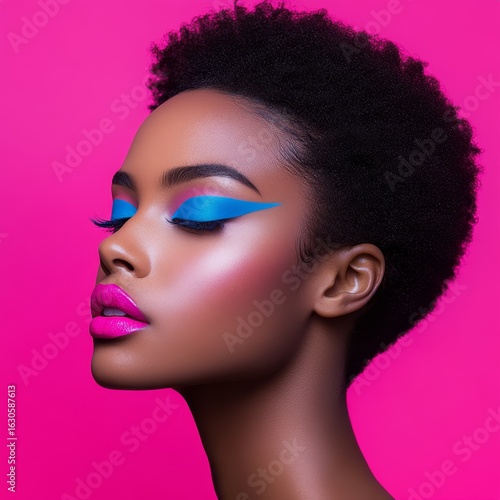 Vibrant beauty portrait of a young black woman with bold blue eyeshadow and pink lipstick against a hot pink background