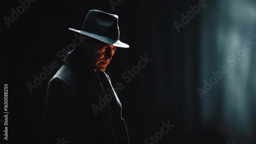 Shadowy Reflections: A Pensive Man in a Hat Bathed in Atmospheric Light