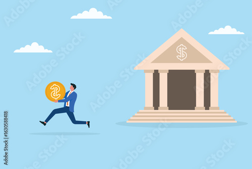 Vector illustration of a businessman running away with a large gold coin from a bank building, symbolizing financial crime, theft, bank fraud, or illegal money escape concept
