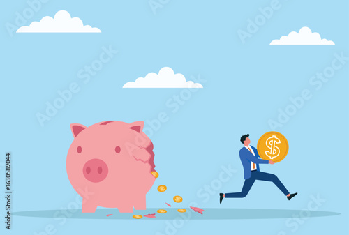 Vector illustration of a businessman running with a large gold coin taken from a broken piggy bank, symbolizing savings withdrawal, financial management, or money transfer
