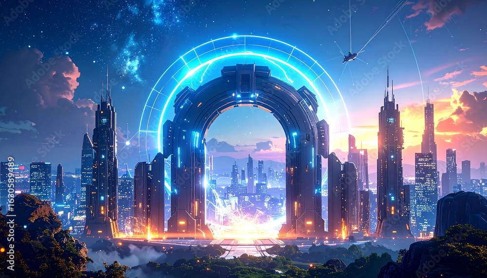 Obraz premium Futuristic city gateway at dawn
