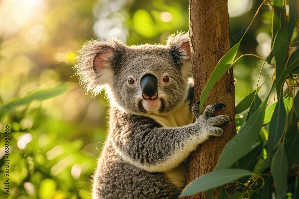Obraz premium Fluffy koala clinging to eucalyptus tree
