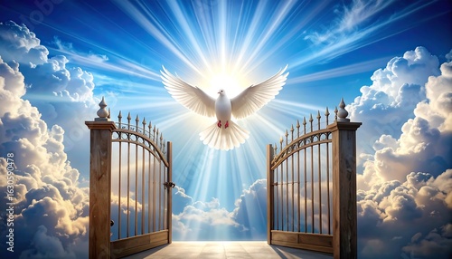 Dove flies through open heavens gate
