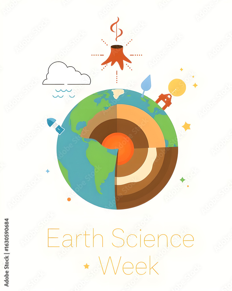 Fototapeta premium Earth Science Week - Minimalist Cross-Section of Earth Layers with Scientific Icons and Modern Design