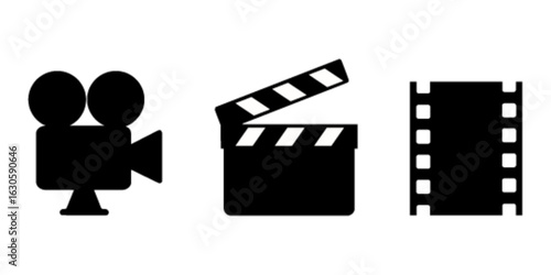 Vintage film camera clapperboard and film strip icons