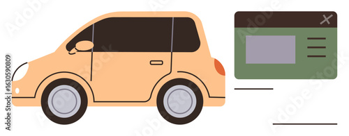 Yellow compact car with a digital browser window beside it. Ideal for transport, online shopping, digital service, modern technology, e-commerce, user interface, simple flat metaphor