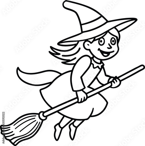Happy cartoon witch flying broomstick line art vector illustration eps