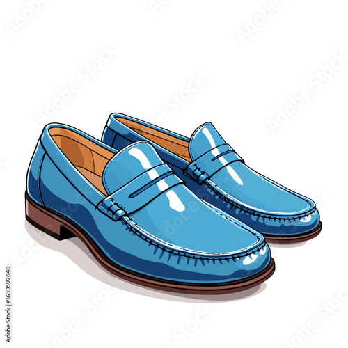 Vsai pair of stylish blue penny loafers casting a shadow on white background