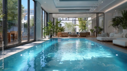 Indoor pool  modern house  garden view  sunlight  luxury home design