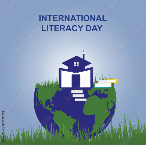 International literacy day vertical three dimensional banner poster flyer design. School, opened book, pencil cap and eco earth world on light background.