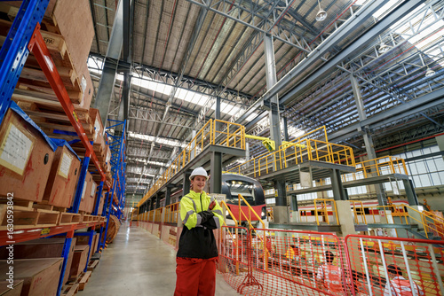 Картината върху платно Workers in safety gear oversee train manufacturing process inside large facility