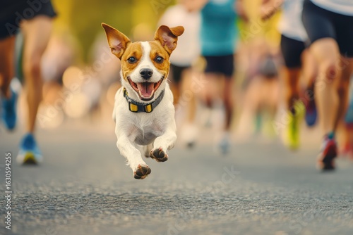 Fototapeta Naklejka Na Ścianę i Meble -  Happy small dog runs alongside city marathon runners