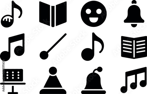 Bold Black Vector Music Icons: Notes, Book, Bell, Conductor