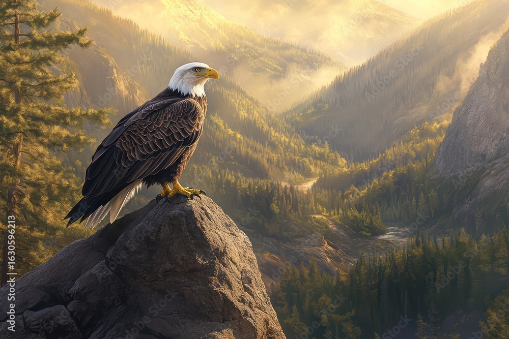 Fototapeta premium Bald eagle perched on cliff overlooking valley