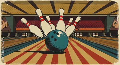 Bowling Alley Action Shot - Retro- illustration of a bowling ball striking pins in a bowling alley. Perfect for websites or projects related to bowling, leisure, or vintage graphics