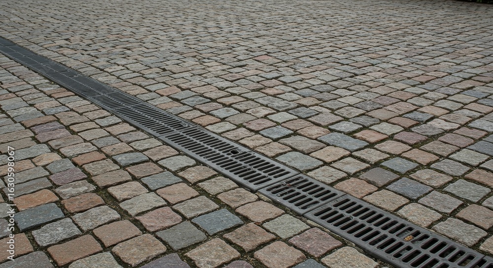 Fototapeta premium Cobblestone Street with Drainage Grate - A close-up view of a cobblestone street featuring a drainage grate.