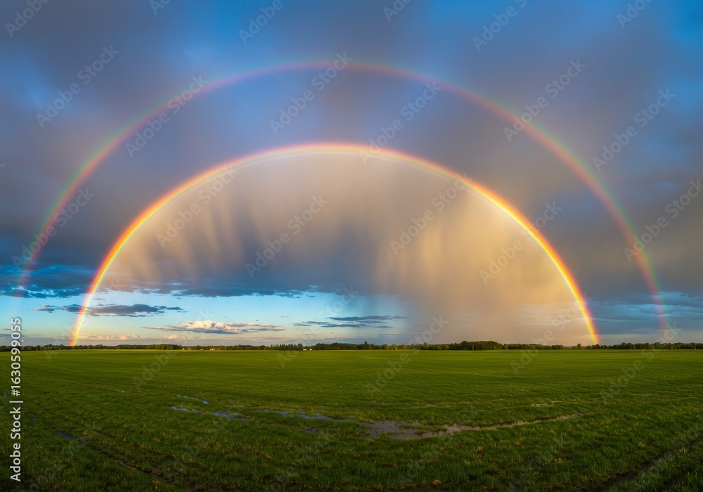 Double Rainbow Over Green Field - Stunning double rainbow arching over a lush green field after a rain shower. Vibrant colors and dramatic sky Double Rainbow Over Green Field - Stunning double rainbow arching over a lush green field after a rain shower. Vibrant colors and dramatic sky