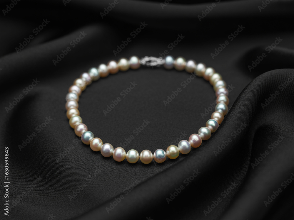 Fototapeta premium Multi colored pearl necklace on black silk fabric pearls