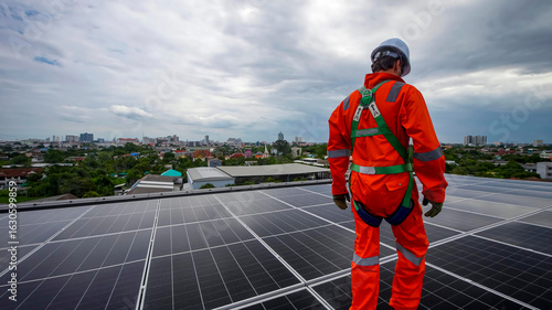 Worker installs solar panels on urban rooftop with city skyline in background