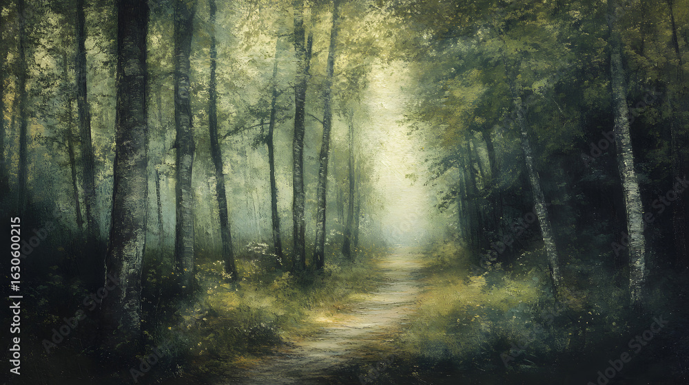 Fototapeta premium Forest Trail With Soft Filtered Light Summer