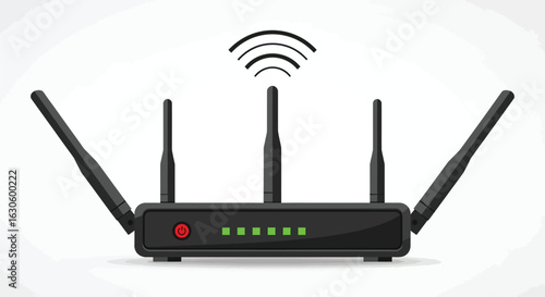 Vector art of black wireless router with antennas and signal waves isolated on white background