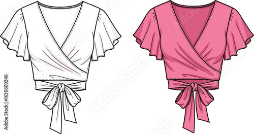 Wrap-style blouse comparison set with V-neckline, short ruffled sleeves and waist tie, fashion cad sketch vector illustration front view